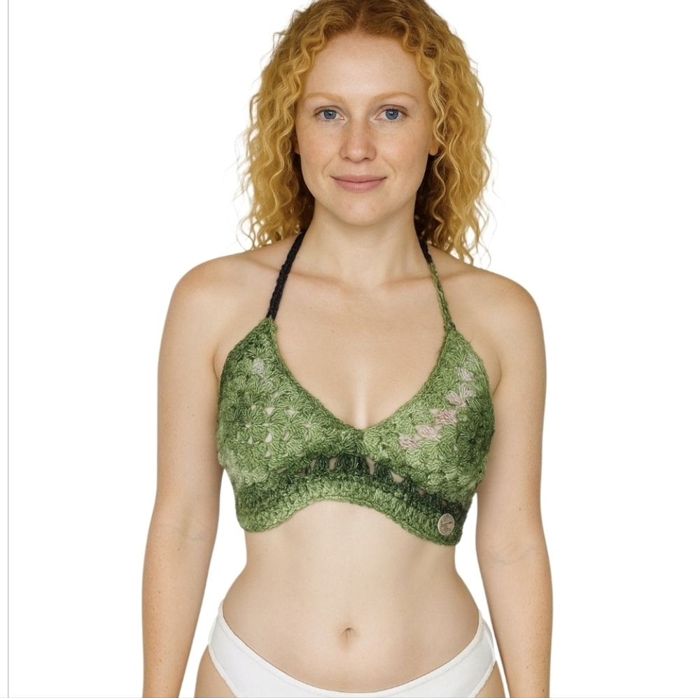 Handmade Crochet Halter Crop-Top Multi-green Granny Square Swimsuit Cover-up Top